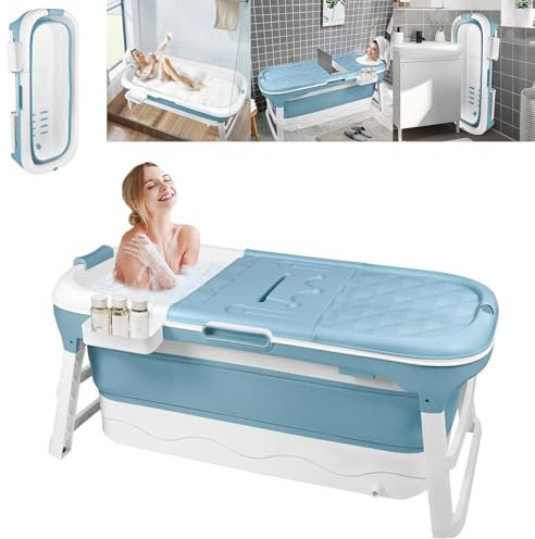 YARDIN Vasca da bagno pieghevole per adulti, 128 x 62 x 52 cm Vasca pieghevole mobile, Ideale per piccoli bagni, Salvaspazio e portatile, Include cuscino da bagno e tubo di scarico, Blu