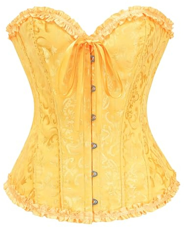 Bslingerie Corset steampunk victorien pour femmes, brocart floral avec bordure froncée, tailles fortes, sous-vêtements gainants, jaune, M