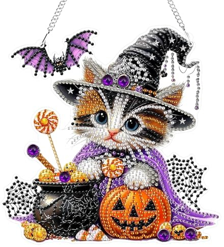GHHKUD Halloween Diamond Painting Fensterbilder Beidseitige, Katze Diamond Painting Anhänger mit Kette, Diamant Malerei Bilder Kristall Anhänger, Wandbehang Kits für Eingang und Fenster Wand Decor