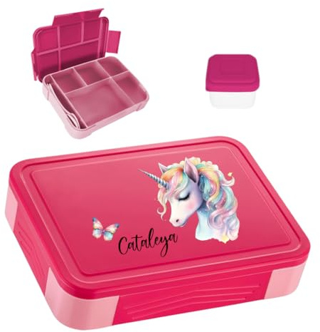 minimutz Fiambrera personalizada, fiambrera infantil con muchos compartimentos, fiambrera con nombre, sin BPA, a prueba de fugas, juego de caja bento con estampado colorido de unicornio (rosa)