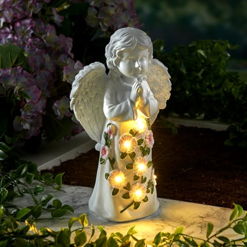 3 PAGEN® Ange solaire avec fleurs - Décoration de jardin LED - Ange gardien - Avec lampes solaires - Figurines de jardin pour l'extérieur - Décoration funéraire et lanterne funéraire - Résistant aux