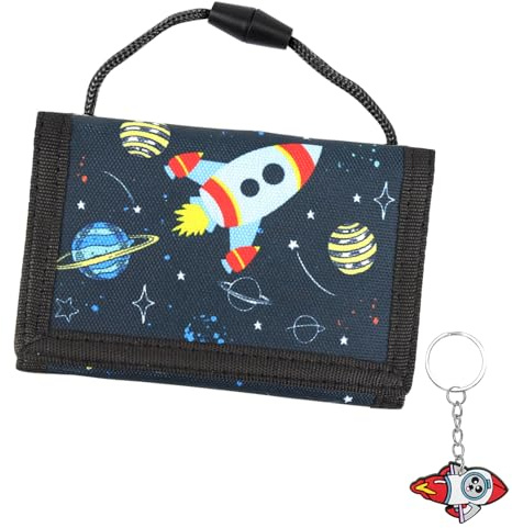 Qcdou Portmonee Kinder, Portemonnaie Zum Umhängen Mit Schlüsselanhänger, Kinder Brustbeutel, Einschulung Geschenk, für Münzen, Karten & Scheine, Geschenk perfekt für Kinders（Rakete）