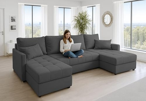 AXLIVING Ecksofas groß Dolceo 287 cm – Sofa dunkelgrau mit Schlaffunktion & Struktur