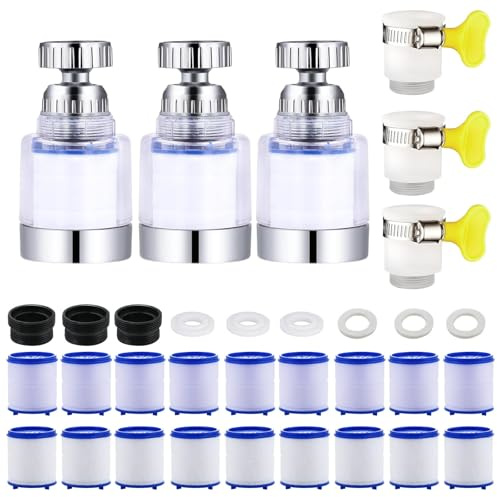 Wasserhahn Filter Transparenter, 3 Stück pure stream wasserhahnfilter mit 18 austauschbare Filter und 3 Griff-Universalverbinder, 360 Grad drehbar für Küche, Spüle, Home Badezimmer
