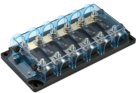 TOOSOAR Portafusibili con Custodia Protettiva Trasparente,Scatola Portafusibili in Ottone a 6 Scomparti,per Auto Yacht Spine Auto Medie,Blu