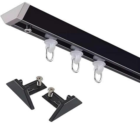 Riel de cortina adhesivo de 1 carril de montaje en techo para separadores de habitaciones, deslizadores de cortina sin taladro, diseño plano, longitud ajustable de 100 a 380 cm (negro, 290 cm)