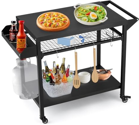 Garvee Outdoor Grill Cart with Lockable Wheels, Movable Tabletop Griddle Cooking Station with Side Handle, Heavy Duty Movable BBQ Prep Table & Pizza Oven Stand for Patio, Backyard & Camping