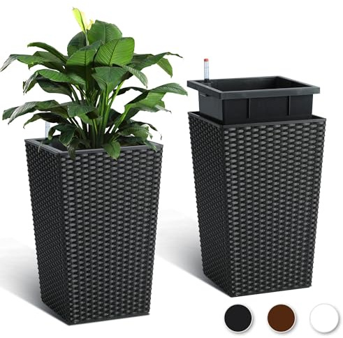 Garvee Lot de 2 Grands Pots de Fleurs en rotin – Réservoir d'eau intégré, indicateur de Niveau, roulettes, soucoupes – Idéal intérieur/extérieurérieur, terrasse, Balcon, Bureau – Coloris : Noir
