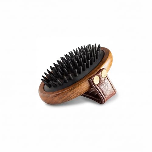 Equimour Gummistriegel – Holz-Fellstriegel für Pferd & Hund | Fellstriegel mit flexiblen Gummiborsten & PU-Leder-Handschlaufe – Fellpflege, Massage & Schmutzentfernung