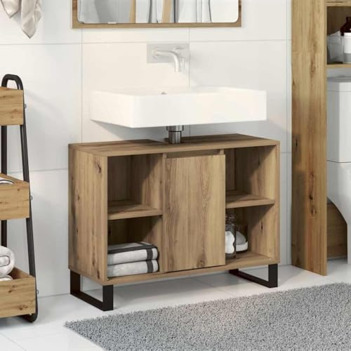 Artisan Oak Bathroom Cabinet, 80 x 33 x 60 cm, Wall Mounted, with 2 Shelves and Door, Chipboard for Bathroom and Hallway, Lots of Storage Space with Tempered Glass Ceramic, Suitable for Tight