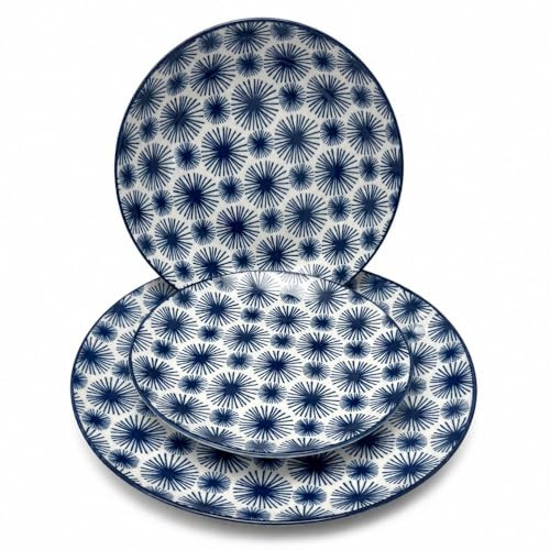 Cecaro Group Set Piatti 18 Pezzi in Ceramica Decorata Blu – 6 Piatti Piani 27 cm, 6 Piatti Fondi 20,5 cm, 6 Piatti Frutta 19 cm – Servizio Tavola Moderno