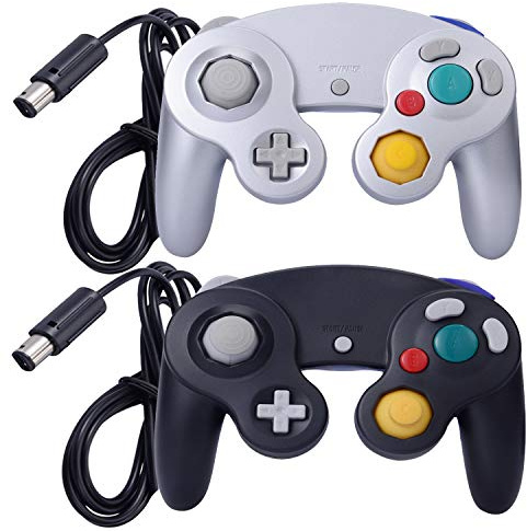 ONE250 Lot de 2 manettes filaires Classic Shock Joypad, compatibles avec Wii NGC Gamecube Game Cube (noir et argenté)