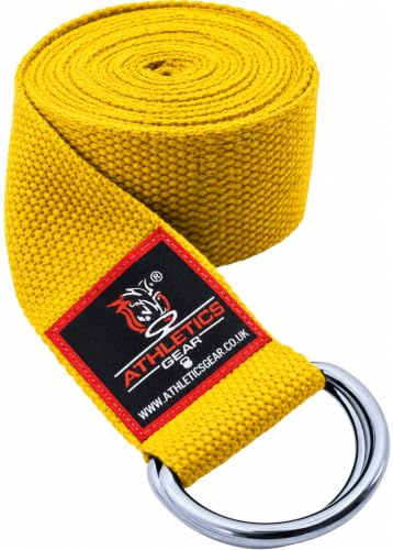 Cintura da yoga con fibbia ad anello a D in metallo, lunghezza 1,8 m e larghezza 3,8 cm, realizzata in cotone resistente per allungare e flessibilità (giallo)