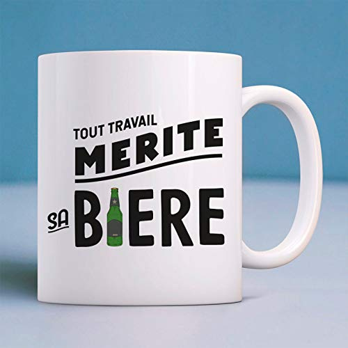 Mug TOUT TRAVAIL MÉRITE SA BIÈRE - Mug céramique de qualité. Mug imprimé en France
