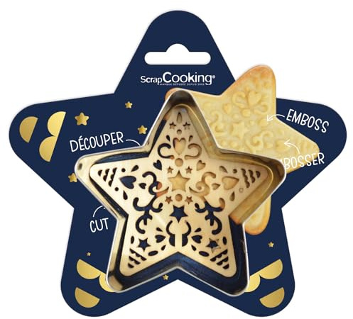 ScrapCooking - Kit Découpoir + Embosseur Bois Étoile - Emporte-Pièce Noël en Inox pour Biscuits en Relief - Moule Accessoires Pâtisserie Sablés - 2090