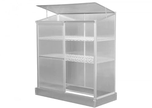 Grindi - Polycarbonat Frühbeet Treibhaus Gewächshaus mit aufklappbarem Dach, Schiebetür und 2 Regalen - Hosta, 130x58x140 - Wandgewächshaus für Garten, Balkon und Terrasse