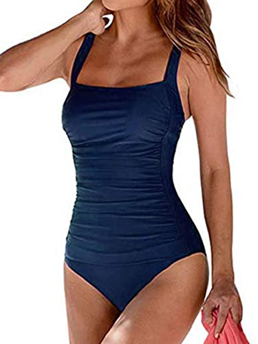 Joligiao Costume Intero Donna Sexy Costumi da Bagno Donna Interi Vintage Monokini con Controllo della Pancia Ruched Push Up Imbottito da Spiaggia Mare e Piscina Tinta Unita Swimsuit(Navy,S)