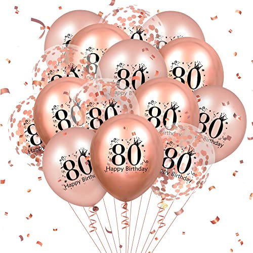 Luftballons zum 80. Geburtstag, 18 Stück, Roségold, Happy 80. Geburtstag, Latexballons, Konfetti-Luftballons, Dekorationen zum 80. Geburtstag, für Frauen, Männer, Zubehör zum 80. Geburtstag, 30,5 cm