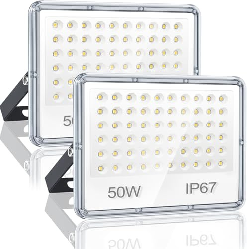YIQIBRO Projecteur LED Extérieur 50W, 5000LM Spot LED Extérieur, Lot de 2 | 6500K Blanc Froid Lampe LED Exterieur, IP67 Imperméable Lampe Exterieur Murale pour Jardin, Terrasse, Garage, Atelier, Usine