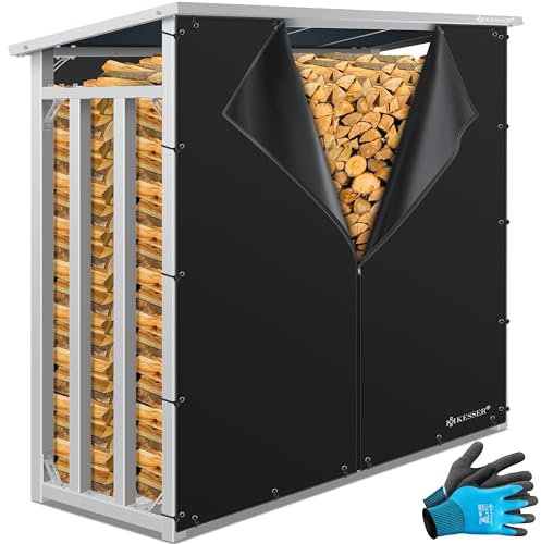 KESSER® Kaminholzregal Metall 188 x 70 x 185 cm Brennholzregal 3,3 SRM / 2,3m³ | außen Stahlrahmen + Abdeckung & Handschuhe Stapelhilfe Kaminholzlager Wasserdichter Holzlager für Garten Terrasse