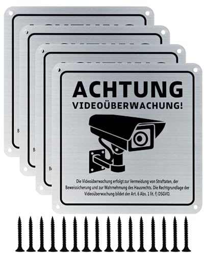 Uppmärksamhet Videoövervakning skylt privat mark med GDPR-anmärkning, 15 x 15 cm 100 % aluminium, varningsskylt, kameraövervakning, självhäftande och 4 borrhål, varningsskylt för inomhus utomhus