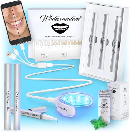 Whitesensation® Premium Zahnaufhellung Bleaching Set [+Nachfüllpack] mit LED-Schiene, Gel-Stift & Strips [DAS ORIGINAL] Zähne aufhellen für weiße Zähne in 6 Tagen - Zahnbleaching Teeth Whitening Kit