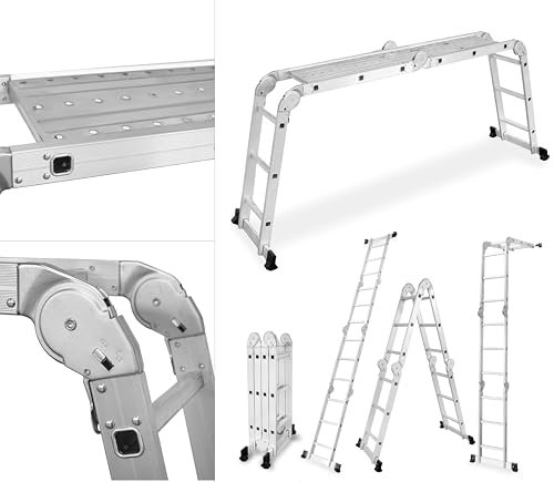 DRABEST Échelle Articulée Pliante et Multifonctionnelle en Aluminium 4x3 Marches + Plate-Forme - Charge Maximale 125 kg - Aluminium - Construction Stable et Durable - 0,33 x 0,9 x 0,25 m
