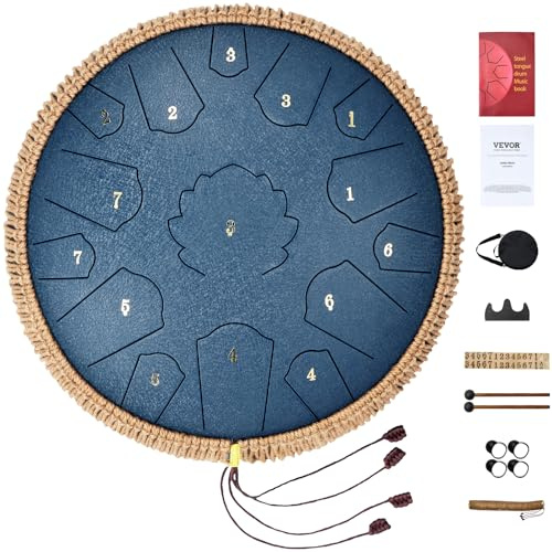 VEVOR Tambor de Lengüeta de Acero Notas Tambor de Mano Mayor Tambor con Mazos y Bolsa de Transporte Instrumento de Percusión para Educación Musical y Yoga, Ideal para Adultos (Azul, 365 mm 15 Notas)