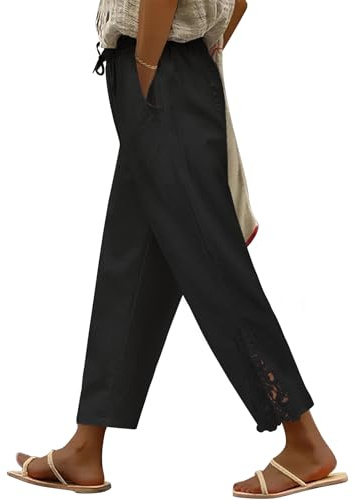 Niwicee Pantalones Mujer Verano Cintura Alta Elástico Pantalón de Pierna Ancha Casual Algodón Pantalón Fluido Playa de Salón con Bolsillos 7/8 Largo(Negro,XL)