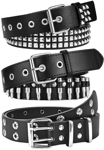 WQYILEAER Y2K, cintura nera con borchie, da donna, stile gotico, punk, rock, con proiettile, per donne e uomini, 3 pezzi, nero, for 33 inch -38 inch