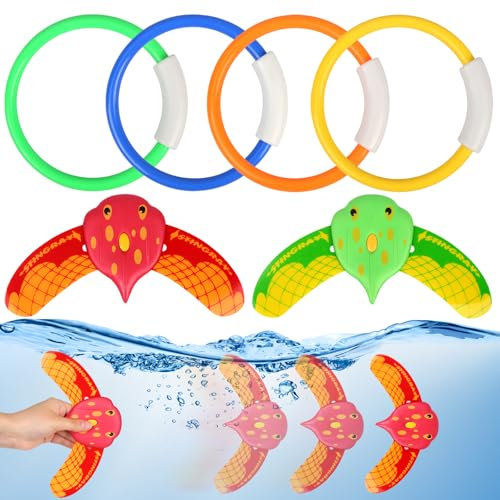 GUOYIHUA 6 Stück Tauchspielzeug für Kinder Set, Schnell Unter Wasser Sinken Pool Spielzeug, Sommer Wasserspielzeug für Pooltraining, Baden, Strand (4 Tauchringe und 2 Tauchende Teufelsfische)