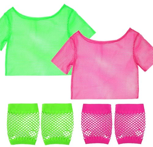 POPAPIE 2 Pezzi Costume Anni 80 Anni 90 Donna,Accessori Neon Anni 80 Maglietta a Rete,Maglia a Rete Neon e 2 Paia Guanti a Reté per Festa a Tema Carnevale Natale & Cosplay
