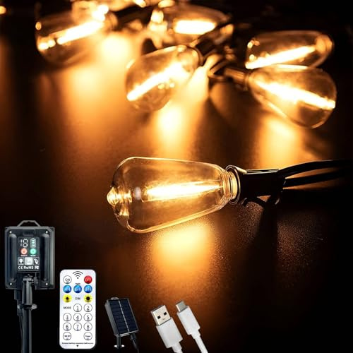 Lumiled Solar Lichterkette für Außen 30 + 2 Ersatzbirnen x ST38 LED 9.8 M mit Fernbedienung Solarlichterkette Garten Außenlichterkette Solarleuchte IP44 Warmweiß 2700K birnen 8 Betriebsarten