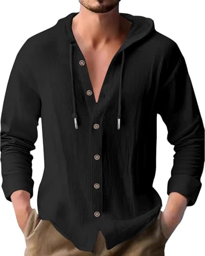 PRIVIMIX Mens Shirts Long Sleeve Linen Shirt Cotton Hooded Tshirt Button Down Lightweight Hoodies Top for Men S-3XL