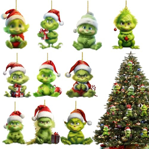 10 Stück Grin-ch weihnachtsdekorationen, Grin-ch deko weihnachtenanhänger, 2D Acryl-Anhänger mit elastischer Kordel, Baumschmuck Grin-ch Anhänger, für Weihnachtsbaum Dekorationen, Party, Urlaub