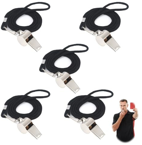 5 Pcs Sifflets, Sifflet d'arbitre en Acier Inoxydable avec Sifflets à Son Fort et net de Sport Urgence Argenté avec Cordon pour Arbitre Signalisation Urgence Puissant Éducation Physique Enfants