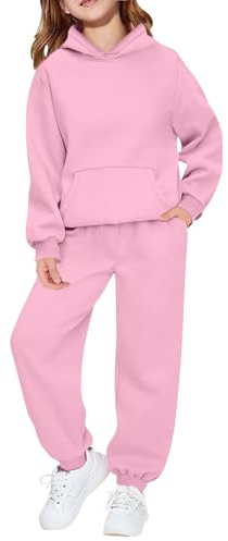 Kids Tracksuit Full Set for Boys Girls 2 Piece Sportwear Long Sleeve Oversized Hoodded Sweatshirts and Sweatpants Loose Tracksuit Bottoms Casual Jumper Gym Set Activewear (Pink, 11-12 Years)