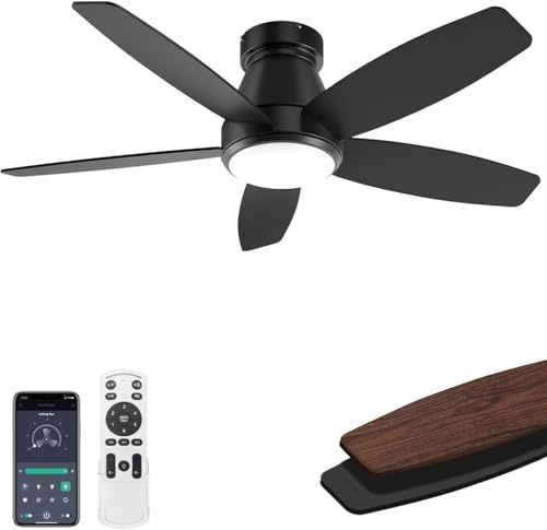 EKDADL 106CM Ventilatore da Soffitto con Luce e Telecomando Silenzioso, 106cm Dimmerabile Lampada Ventilatore da Soffitto con 5 Pale Doppie, Effetto Legno/Nero per Camera da Letto, Soggiorno