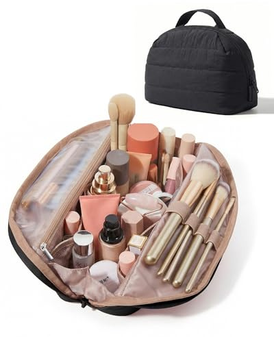 BAGSMART Travel Makeup Bag for Women, Portable Fold-down Cosmetic Case, Puffy Padded Make Up Organizer Pouch, Water-resistant Toiletry Bag for Toiletries, Brushes, Black