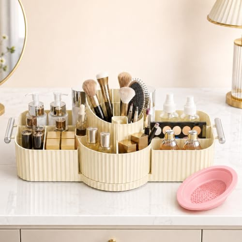 GOOGO Organisateur maquillage rotatif 360° avec tiroirs et bac de nettoyage pour pinceaux, rangement pour rouges à lèvres, soins et accessoires, cosmétique multicouche (abricot)