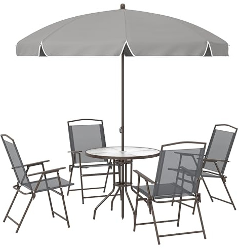 Outsunny 6 Piece Garden Dining Set with Umbrella, Patio Sets with Parasol, 4 Folding Dining Chairs & Round Tempered Glass Table, Dark Grey