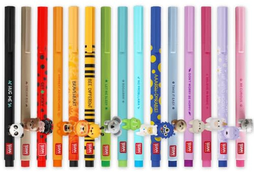 LEGAMI Penna gel a forma di animale decorativo, rimovibile e ricombinabile, previene il rotolamento, punta fine da 0,5 mm, confezione da 15 simpatici temi con animali, inchiostro colorato