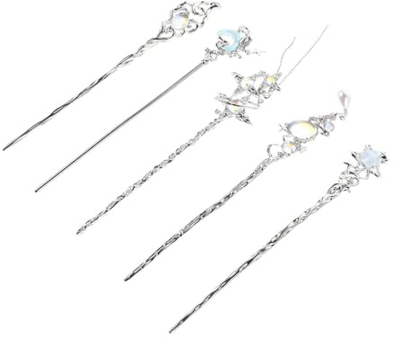 AKOOSY Set 5 Pezzi Bastoncini Cinesi per Chioma in Lega Argento Decorazioni a Stelle Scintillanti e Forma per Matrimoni ed Eventi Formali