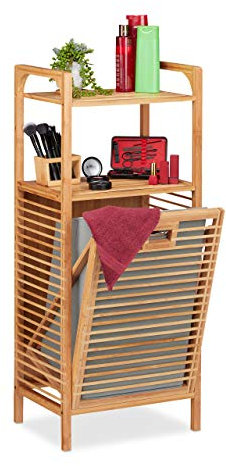 Relaxdays Badregal mit Wäschekorb, herausnehmbare Faltbox aus Stoff, Regal aus Bambus, HBT 95 x 40 x 30 cm, natur/grau