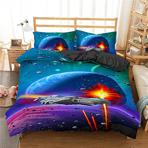 Bettwäsche Weltraum Kinder Jungen Blau Sterne Astronat Rakete Planeten Weltall Mikrofaser-Polyester mit Reißverschluss Kinderbettwäsche Set Bettbezug (Starry Blue 3,220x240cm)