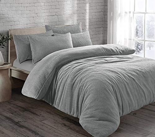 Parure de lit en Polaire Douce et Confortable avec Housse de Couette et taies d'oreiller Motif Ours en Peluche Argenté 200 x 200 cm