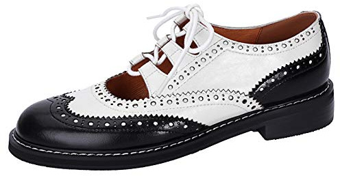 U-lite Women's Lace-up Wingtip Perforated Leather Oxfords Vintage Closed Toe Brogue Shoes Black White 9