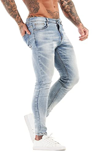 GINGTTO Skinny Jeans Men Stretch Slim Fit Tapered Leg Elastic Waist Blue 32