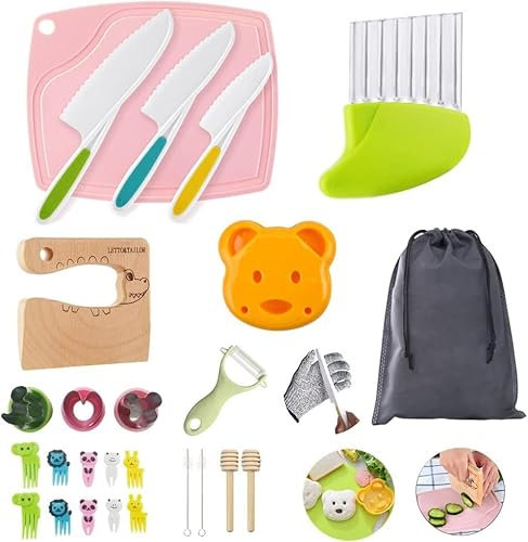 LETTO & TAILOR Kit Cuisine Enfant Couteau, Ustensiles Cuisine, Couteaux Montessori, Gants de Protection, Planche à Découper, Idéal pour Petits Chefs (kit 27 Pièces Couteau Enfant)