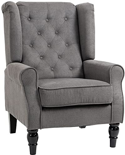 HOMCOM Retro Accent Chair, Linen Wingback Armchair with Wood Frame Button Tufted Design for Living Room Bedroom, Dark Grey